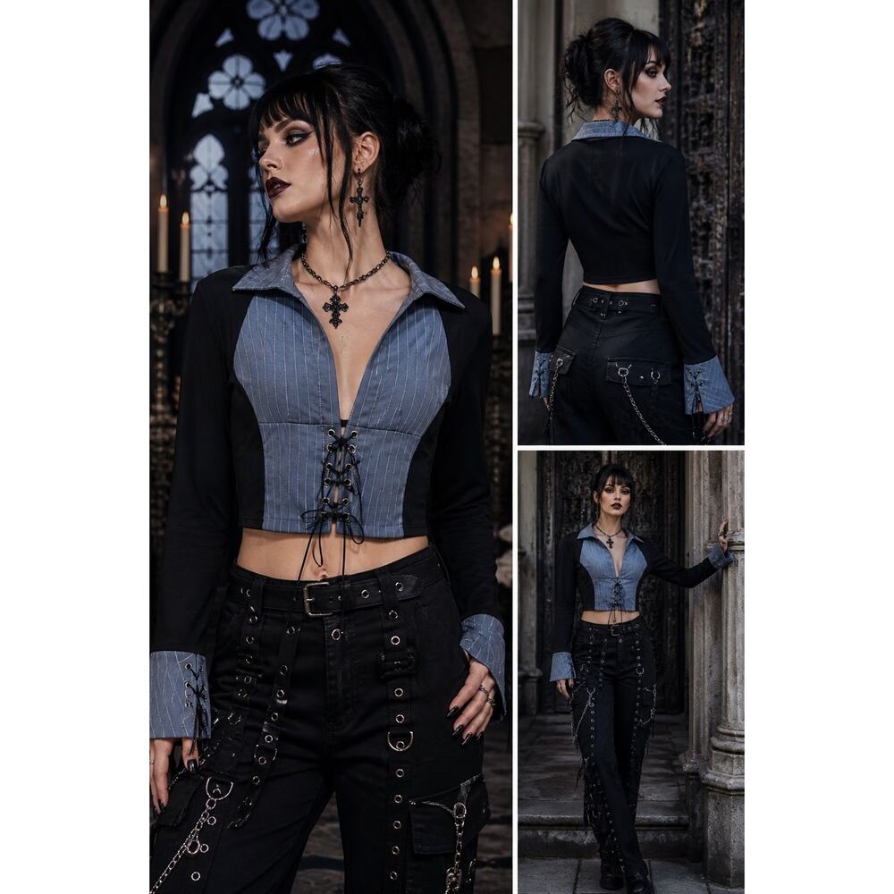 Pinstripe Corset Lace-Up Y2K Crop Top Blouse Black & Gary Contrast Long Sleeve